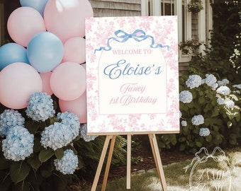 Love Shack Fancy 1-årsdags välkomstskylt: Rosa blommor, blå rosett (Canva-mall)