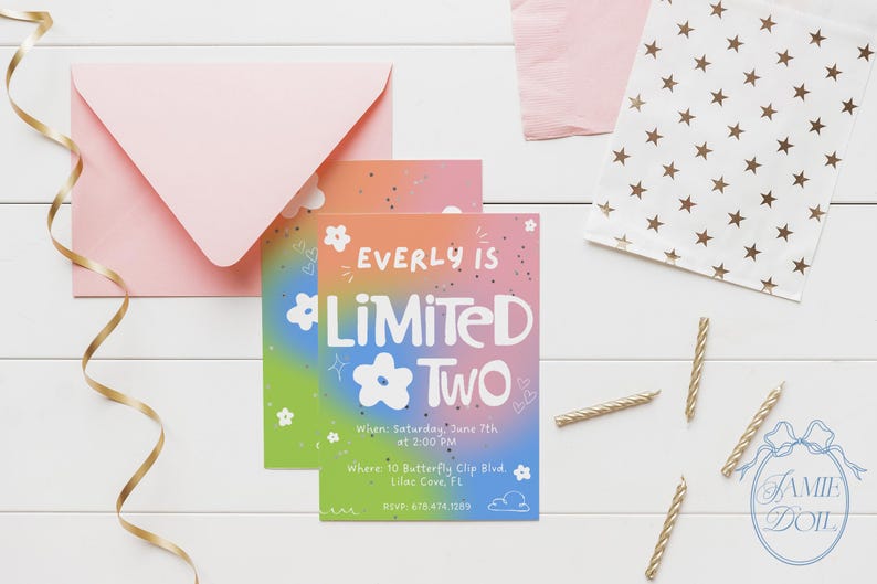 May include: A birthday party invitation with a gradient background in pink, orange, green, and blue. The invitation reads "Everly is Limited Two" with floral and star accents. Includes a pink envelope, gold ribbon, candles, and a star-patterned bag.