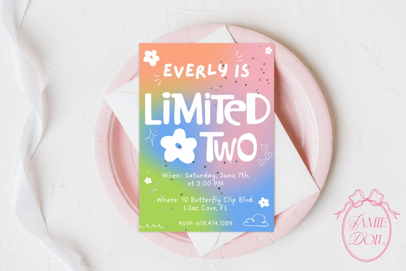 May include: A colorful birthday invitation with the text "Everly is Limited Two" on a gradient background of orange, pink, blue, and green. The invitation is on a pink plate with a white envelope.
