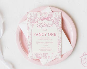 Szablon zaproszenia na pierwsze urodziny z motywem kwiatowym: różowa kokarda, styl shabby chic (można edytować)