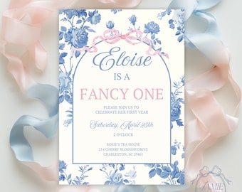 Love Shack Fancy First Birthday Invitation: Blue Floral, Pink Bow (Editable Canva Template)