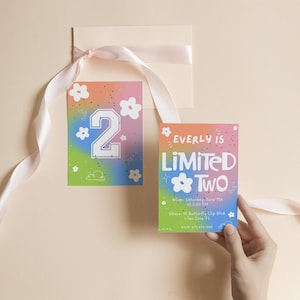 May include: Two birthday party invitations with a colorful gradient background. One card features the number "2" in white, surrounded by flowers. The other card reads "Everly is Limited Two" with event details.