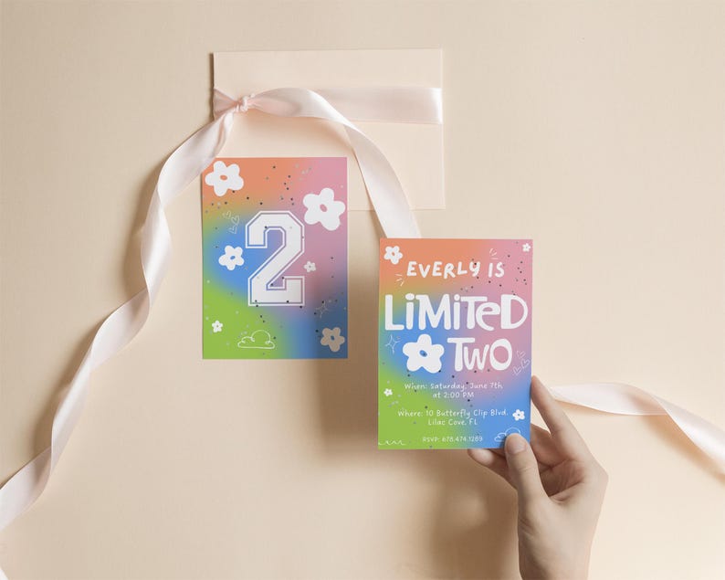 May include: Two birthday party invitations with a colorful gradient background. One card features the number "2" in white, surrounded by flowers. The other card reads "Everly is Limited Two" with event details.