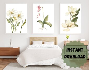 Elegant Botanical Flowers Set Of 3 Prints | Plant Wall Art | Digital Print | Gallery Wall | Living Room/Bedroom Wall Art Decor A5/A4/A3/A2