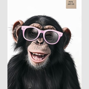 Chimpanzee monkey with pink glasses. Printable Images of Animals.