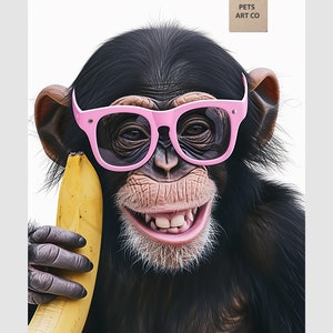 Chimpanzee monkey with glasses and a banana. Printable Images of Animals.