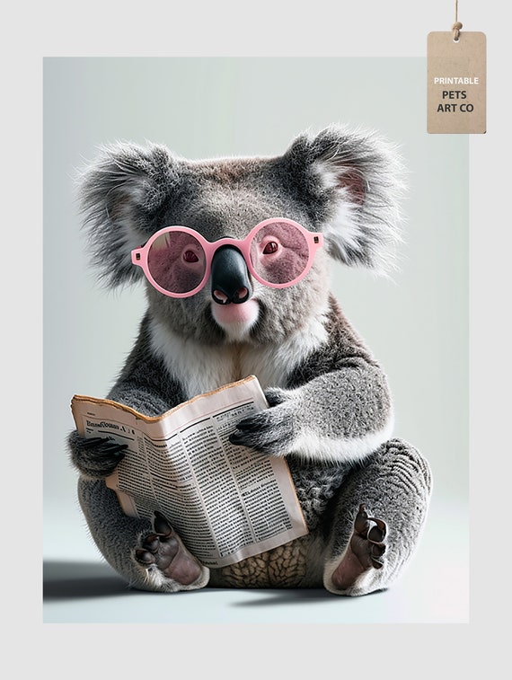 Buy Koala Wearing Glasses and Reading the Newspaper. Printable Images of Animals. Online in India Etsy
