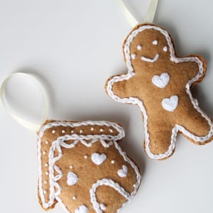 Hand-Stitched Felt Gingerbread Christmas Ornaments, Holiday Decor
