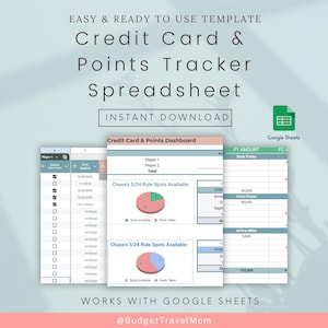 Rastreador de cartão de crédito e pontos personalizável | Planilhas Google | Gerenciar taxas anuais, bônus de inscrição e gastos mínimos | Status do Chase 5/24