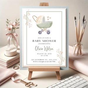 Invitación de baby shower de cochecito, plantilla Canva personalizable, tema pastel elegante, invitación imprimible y editable, bebé boho, trivia de baby shower