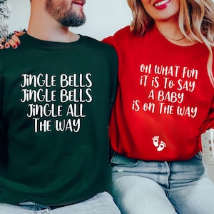 Couple Christmas Pregnancy Announcement Reveal Sweatshirt,Christmas Maternity,Jingle Bells Baby On The Way Sweater,Couple Christmas Pajamas