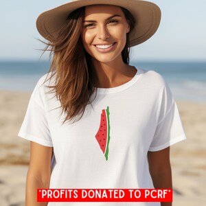 May include: A white t-shirt with a watermelon-shaped outline of Israel. The text "PROFITS DONATED TO PCRF" is printed below the image.