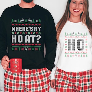 Funny Couple Ugly Christmas Sweater,Where&#39;s My Ho At Ugly Christmas Sweater,Humorous Couples Matching Fun Holiday Sweaters,Christmas Pajamas