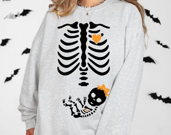Skeleton Halloween Maternity Sweater,Funny Pregnancy Announcement, Spooky Pregnant Costume, New Mommy Sweatshirt, Fall Mama to Be Gift