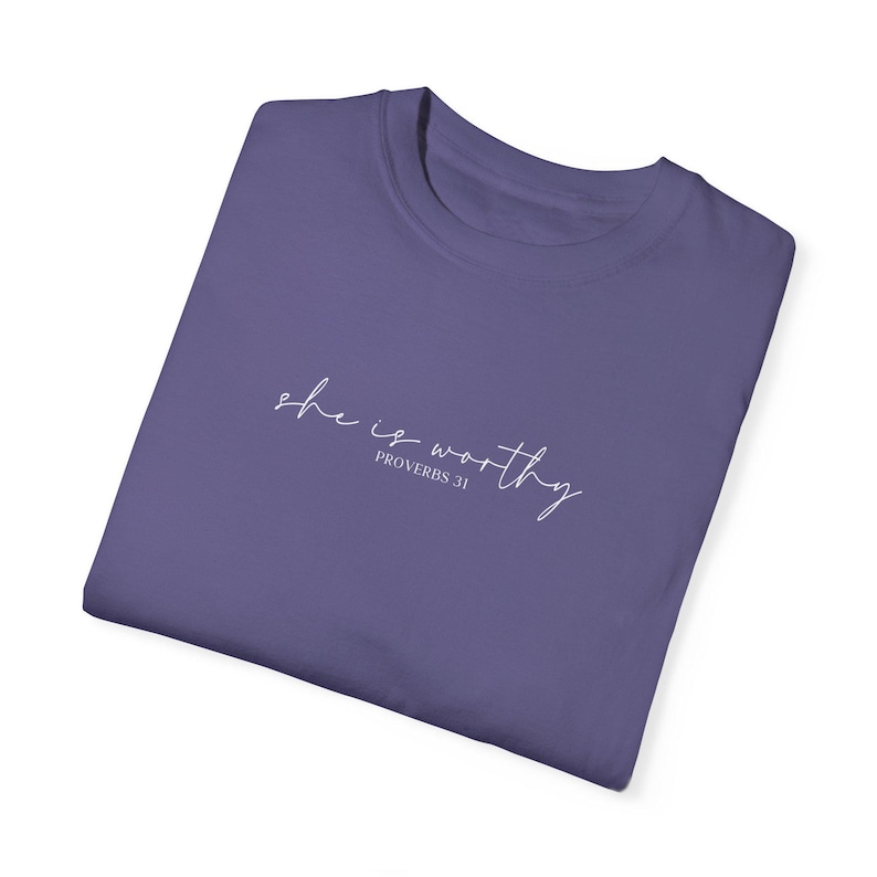 She Is Worthy Shirt, Bible Verse Shirt, Proverbs 31 Shirt, Teen Girl Trendy Merch, Jesus Shirt, Womens Christian Gift,Religious Faith Tshirt Grape