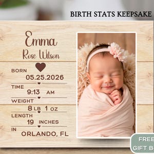 Baby Birth Stats Photo Board, Personalized Newborn Photo Keepsake