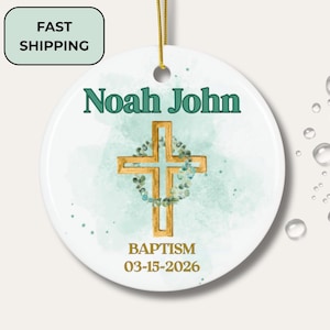 Personalized Baptism Ornament for Boys, Christening Gift with Name and Date, Baby Dedication Keepsake, Christian Gift for Boys ,cross green