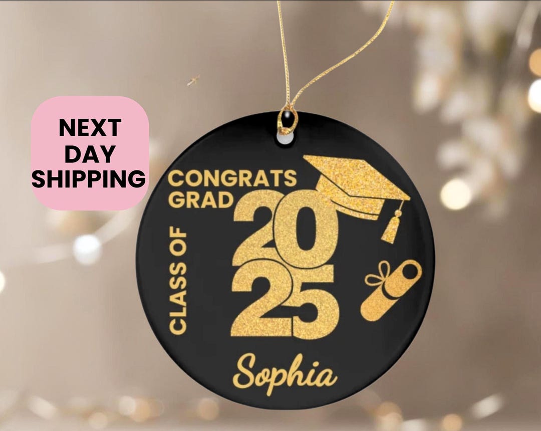 Personalized Graduation Ornament 2025 Black and Gold Glitter Cap ...