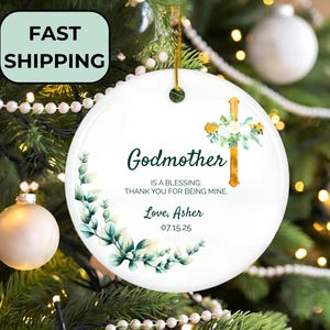Personalized Godmother Christmas Ornament, Godfather Gift, Godparents Keepsake with Custom Name and Date, Baptism Christening Gift