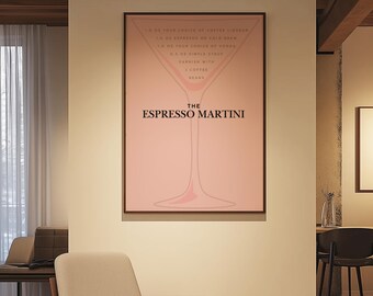 Könnte beinhalten: Ein rosa-weißes Poster mit einer Martini-Glas-Illustration und dem Text "THE ESPRESSO MARTINI" sowie den Zutaten: "1 oz Kaffeelikör Ihrer Wahl, 1 oz Espresso oder kalter Kaffee, 1 oz Wodka Ihrer Wahl, 0,5 oz einfacher Sirup, Garnieren Sie mit Kaffeebohnen".