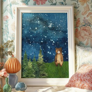 Starry Night Bear Nursery Print, Watercolor Woodland Animal Wall Art for Baby Boy & Girl, Newborn Decor, Vintage Teddy Poster Child Playroom