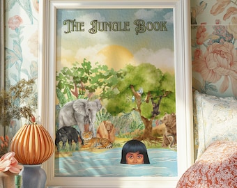 Poster ispirato a Disney Il libro della giungla, stampa decorativa Mowgli, opera d'arte Bagheera, orso Baloo per bambini, bambini, asilo nido, arte della natura dei boschi