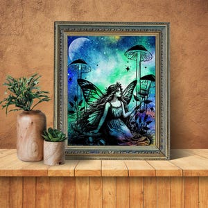Starry Night Sky Fairy Poster Print, Magical Fantasy Wall Art, Mythical Celestial Mushroom Printable Decor, Trippy Tapestry Decoration