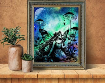 Póster de hada con cielo estrellado, arte de pared de fantasía mágica, decoración imprimible de hongos celestiales míticos, decoración de tapiz psicodélico