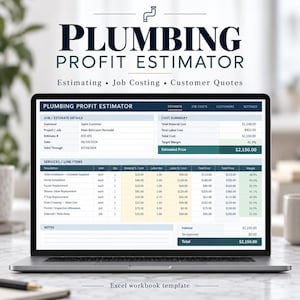 May include: A laptop screen displaying a Plumbing Profit Estimator Excel workbook template. The interface features sections for job details, cost summary, and line items for services like toilet and vanity installation with calculated margins.
