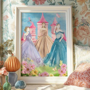 Pretty Princess Castle Watercolor Print, Printable Girl Nursery Decor, Fairy tale Poster, Newborn Baby Art for Girls Kid, or Children&#39;s Room