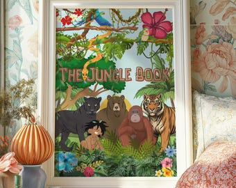 Poster del libro della giungla, stampa di Mowgli, opera d'arte di Bagheera, decorazioni ispirate alla Disney, orso Baloo per bambini, bambini, asilo nido, arte della natura dei boschi