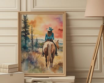 Horse and Cowgirl Watercolor Print, Farmhouse painting for bedroom office or living room, Vibrant Sunset Farm House Decor Printable Wall Art