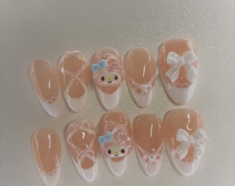 Coquette My Melody Nails, Sanrio Cute Nails, Kawaii, Pastel, y2k, Japanese nail, fake nails, press on nails, kpop, Gift, cottage core