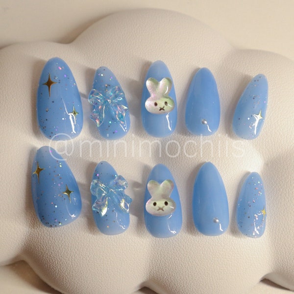 Blue Miffy Nails Pearl Cute Nails Sanrio Bunny Nails Nails Korean Nails Japanese Nails Fake Nails Handmade Handpainted Dreamy Nails Gift