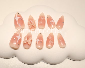 Blush Pink heart bowknot nail | Japanese nails | Custom press on nails | Korean nails | hand made Press on Nails | Cute nails | y2k Nails