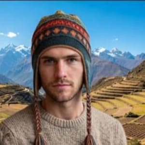 Könnte beinhalten: Eine gestrickte Chullo-Mütze mit dunkelgrüner Basis und einem horizontalen Band aus orangefarbenen und dunkelroten geometrischen Rautenmustern. Die Mütze verfügt über Ohrenklappen mit langen, geflochtenen Quasten an beiden Seiten.