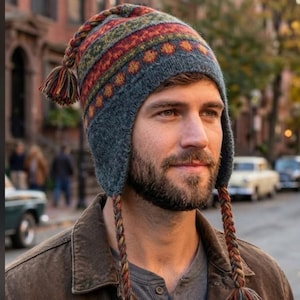 Könnte beinhalten: Eine anthrazitfarbene Strickmütze mit Ohrenklappen und einem bunten geometrischen Muster in Rot-, Orange- und Grüntönen. Die Mütze verfügt über ein geflochtenes Detail am Oberkopf und zwei lange geflochtene Seitenbänder mit bunten Garnquasten.