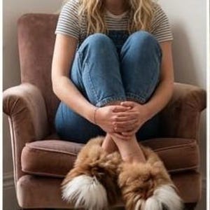 May include: A pair of fluffy, tan-colored slippers featuring long, soft fur and distinct white-tipped toes. The slippers have a thick, plush texture and a rounded silhouette, designed to cover the feet completely with a warm, shaggy appearance.