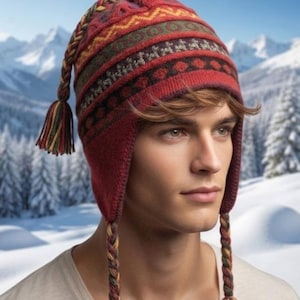 May include: A red knitted winter hat featuring a multi-coloured geometric pattern in shades of yellow, green, and dark red. The hat includes ear flaps and three braided tassels with multi-coloured yarn ends, one at the top and two at the sides.