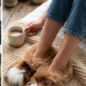 May include: A pair of fluffy tan slippers with white fur accents on the toes. The slippers are worn on feet, which are resting on a beige knitted blanket. The slippers feature a thick, soft texture and a rounded shape covering the front of the feet.