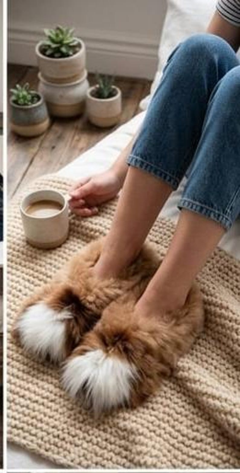 May include: A pair of fluffy tan slippers with white fur accents on the toes. The slippers are worn on feet, which are resting on a beige knitted blanket. The slippers feature a thick, soft texture and a rounded shape covering the front of the feet.