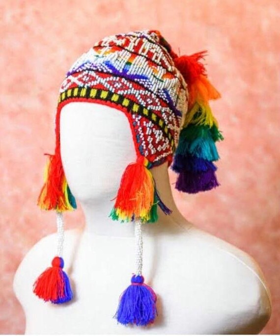 Peruvian Chullo With Beads Pom Pom Colorful Unisex Wool 