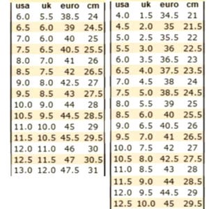 May include: A shoe size conversion chart featuring two tables labeled Man and Woman. Each table lists columns for USA, UK, Euro, and cm sizes. The data is presented in rows with alternating light tan and white backgrounds, showing numerical values.