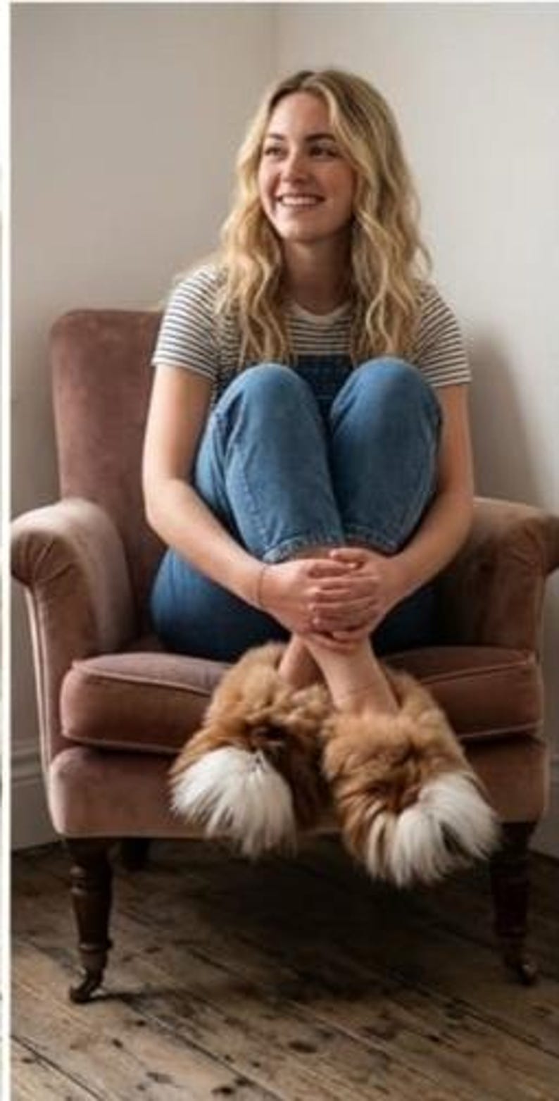 May include: A pair of fluffy, tan-colored slippers with white fur accents on the toes. The slippers feature a thick, textured, long-pile faux fur material that covers the entire top surface, providing a soft and voluminous appearance on the feet.