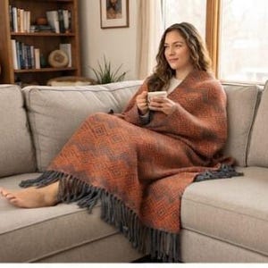 May include: A rectangular throw blanket featuring a burnt orange and dark gray geometric diamond pattern. The blanket has long, dark gray fringe detailing along the edges and is draped over a person sitting on a neutral-colored sofa.