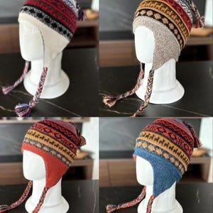 Cappello CHULLO in alpaca | Berretto in alpaca dal design peruviano | Berretto reversibile unisex con paraorecchie a doppio livello