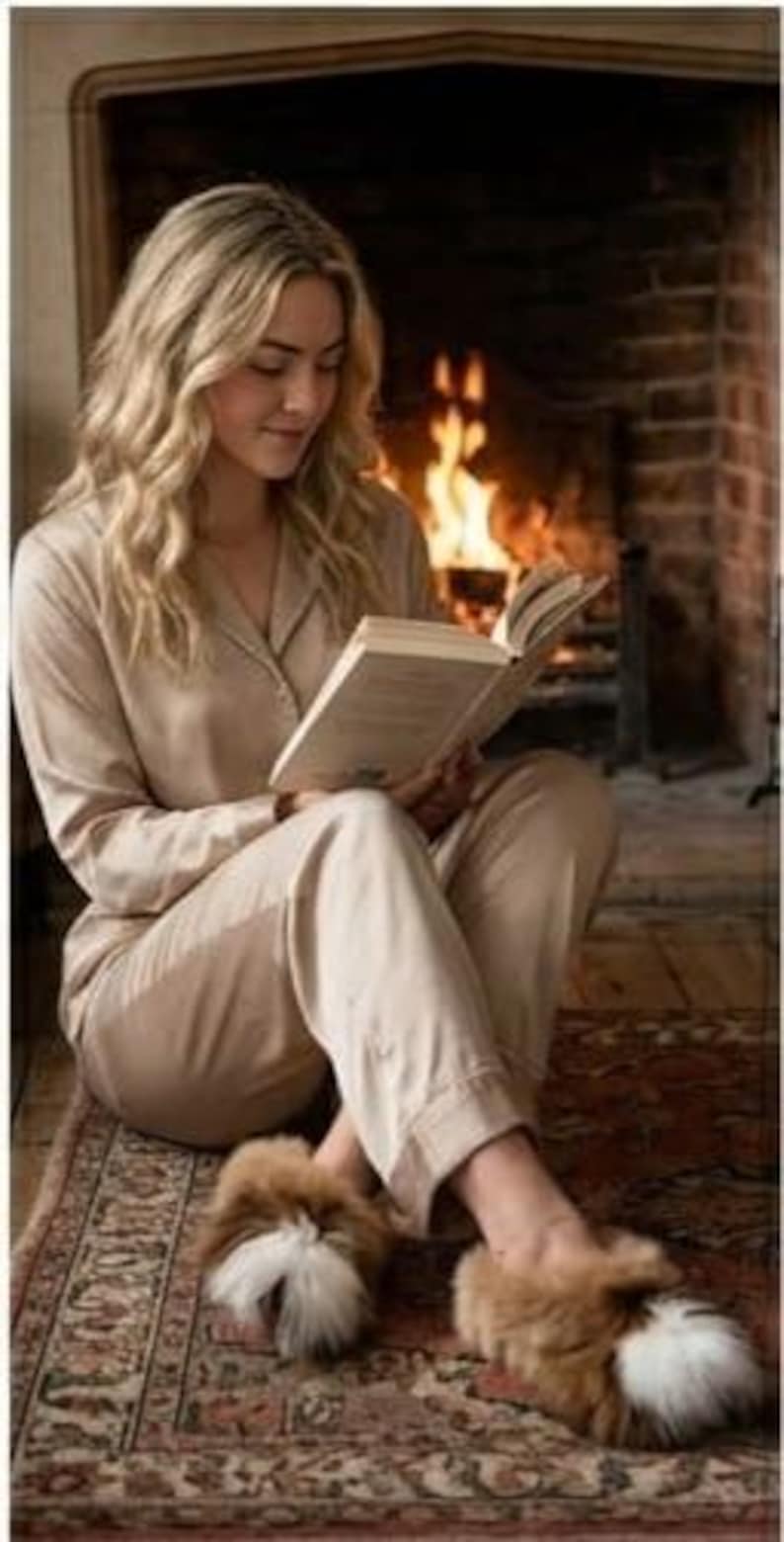 May include: A beige long-sleeved button-down pajama set with a collared neckline and matching trousers, paired with fluffy brown and white faux fur slippers. The pajamas feature a smooth, satin-like finish and a relaxed, comfortable fit.