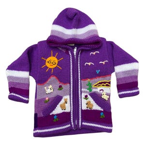 May include: A purple knitted hooded jacket with a zip fastening. The jacket has a colourful embroidered landscape with a sun, animals, and a cactus. The hood and cuffs have white and purple stripes.