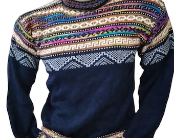 Alpaca sweater with Llama figures, Unisex alpaca sweater with round neck, Alpaca wool pullover sweater