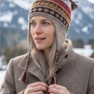May include: A knit beanie with earflaps featuring a multi-coloured geometric and animal pattern in shades of red, blue, yellow, and brown. The hat includes braided tassels hanging from the earflaps and a small tassel at the top crown.